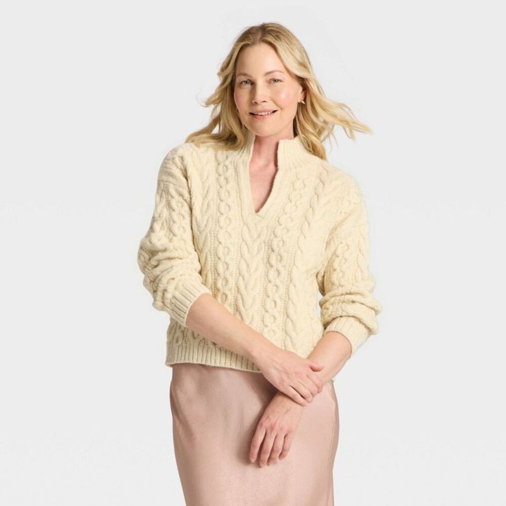 Women's Long Sleeve Split Neck Cable Pullover Sweater - A New Day Cream XS